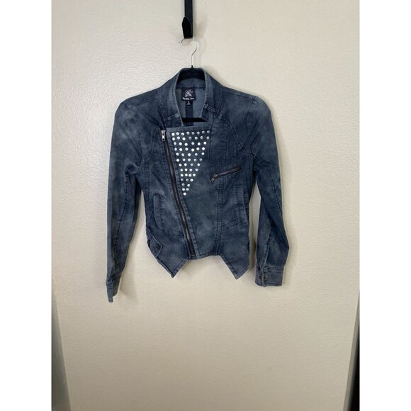 Double Zero Womens Denim Jacket S Asymmetrical Zip Studded Design Blue Moto - Picture 1 of 7